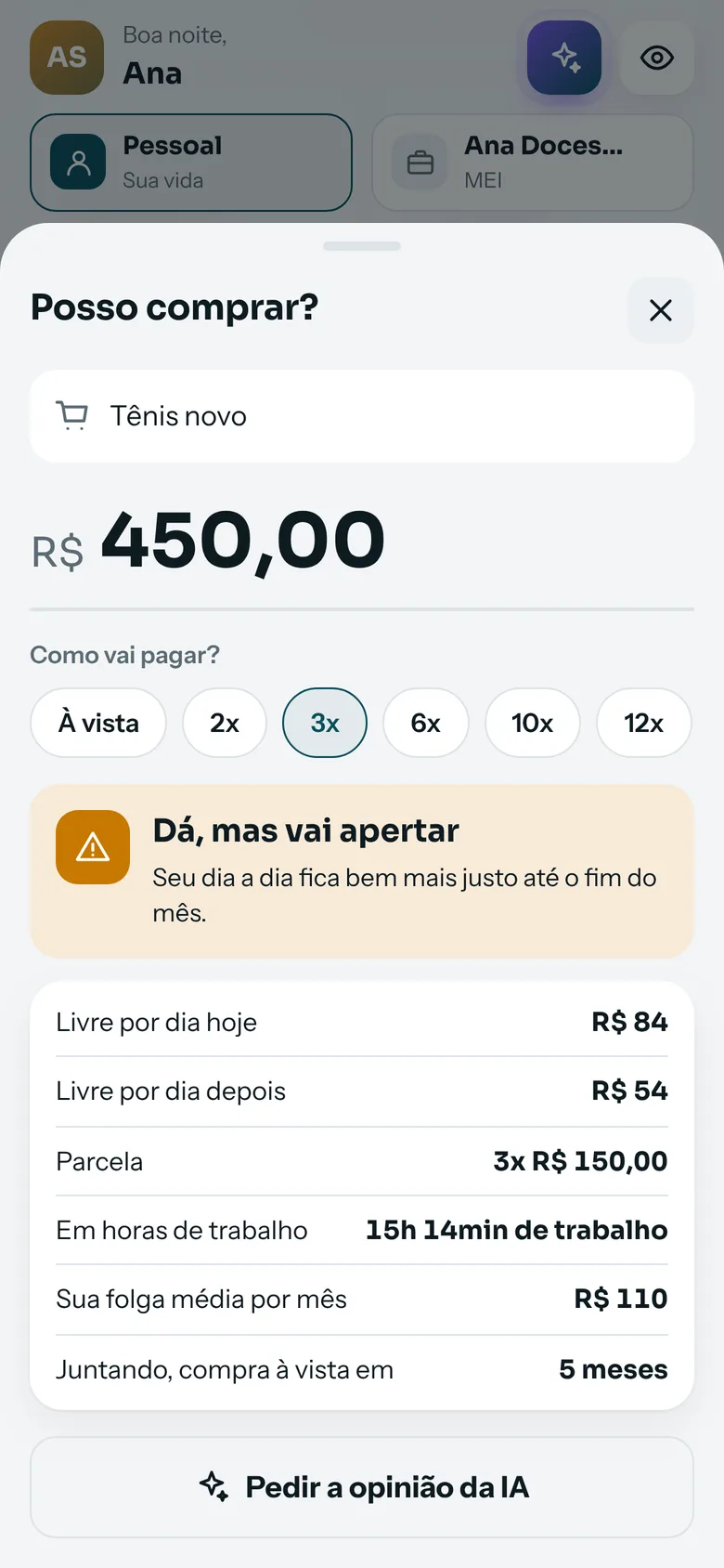 Simulador Posso comprar? mostrando o impacto de uma compra